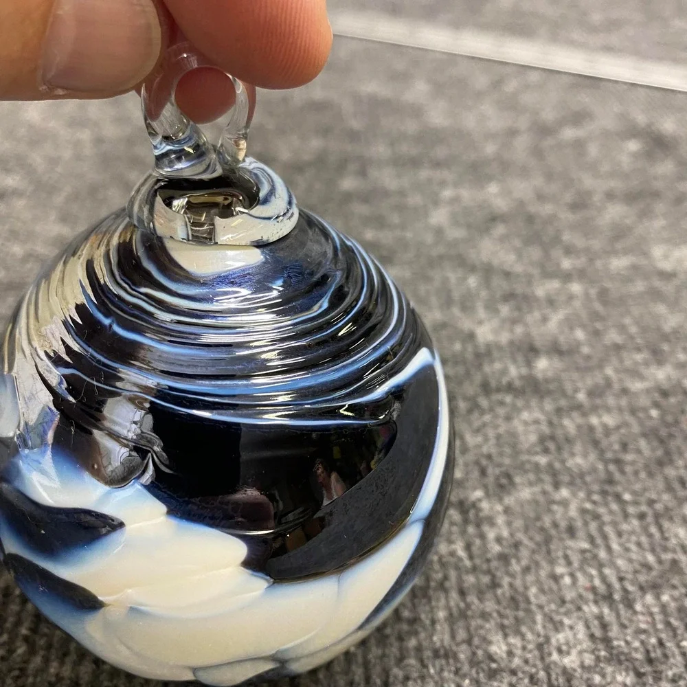 Hand Blown Art Glass Ornament Blue White Swirl Marbled Round 3 Inch Ball